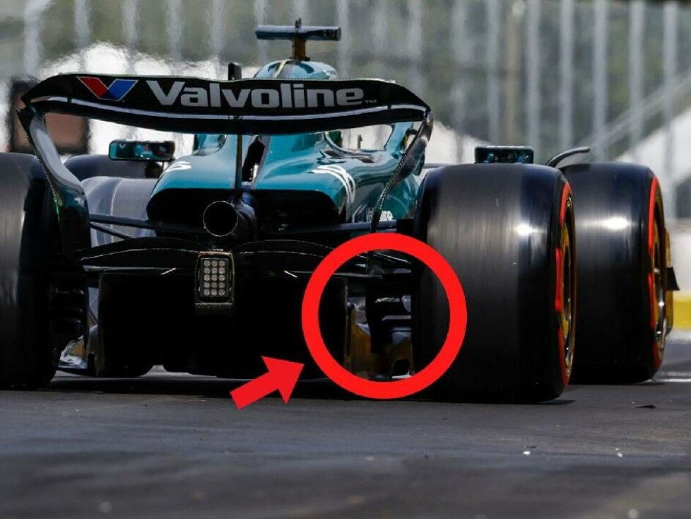Die Hervorhebung zeigt ein Luftleitblech an der Hinterachse des Aston Martin AMR24