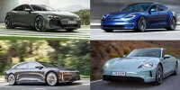 Collage mit Audi RS e-tron GT Performance, Tesla Model S, Lucid Air und Porsche Taycan