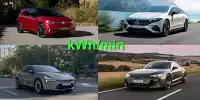 Collage: Vier Elektroautos mit großer Ladegeschwindigkeit in kWh/min