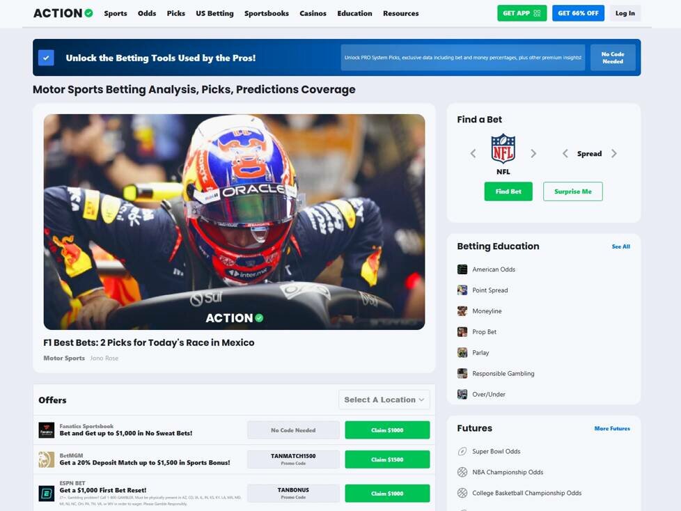 Motorsport-Landingpage von Action Network