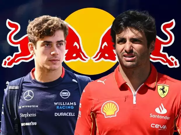 Fotomontage: Franco Colapinto und Carlos Sainz vor einem Red-Bull-Logo Titel-Bild zur News: Fotomontage: Franco Colapinto und Carlos Sainz vor einem Red-Bull-Logo
