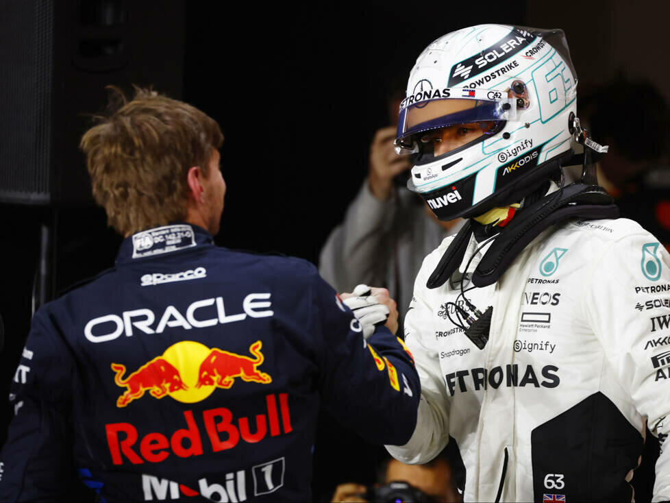 George Russell (Mercedes) und Max Verstappen (Red Bull) beim Formel-1-Rennen in Katar 2024