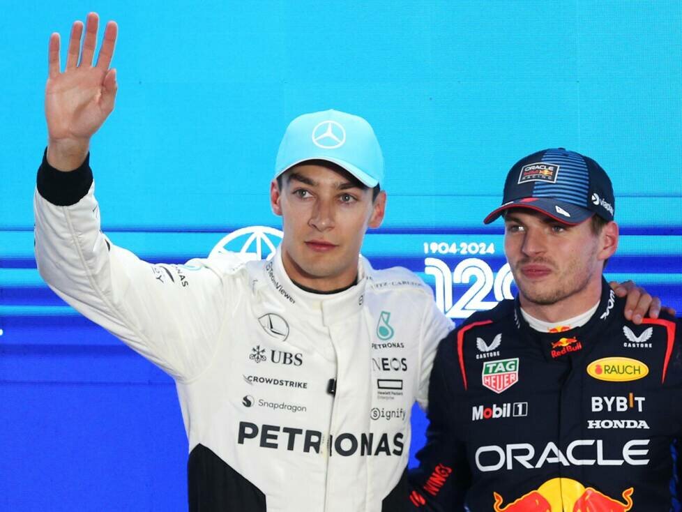 Mercedes-Fahrer George Russell mit Red-Bull-Fahrer Max Verstappen