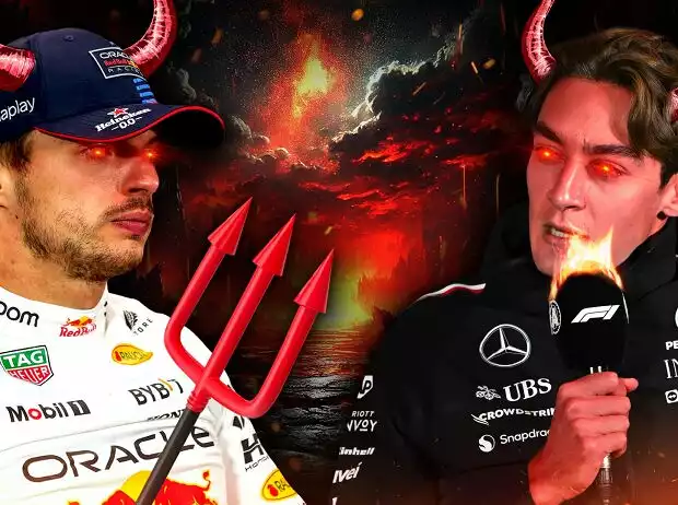 Max Verstappen und George Russell (Fotomontage) Titel-Bild zur News: Max Verstappen und George Russell (Fotomontage)
