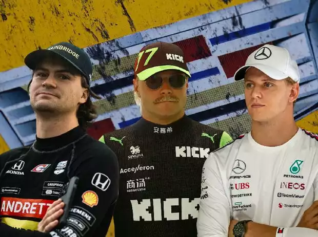 Colton Herta, Valtteri Bottas und Mick Schumacher vor dem Cadillac-Logo Titel-Bild zur News: Colton Herta, Valtteri Bottas und Mick Schumacher vor dem Cadillac-Logo