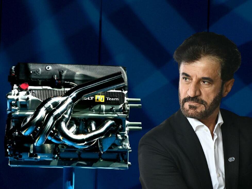 Ein V10-Motor von Renault neben FIA-Präsident Mohammed bin Sulayem (Fotomontage)