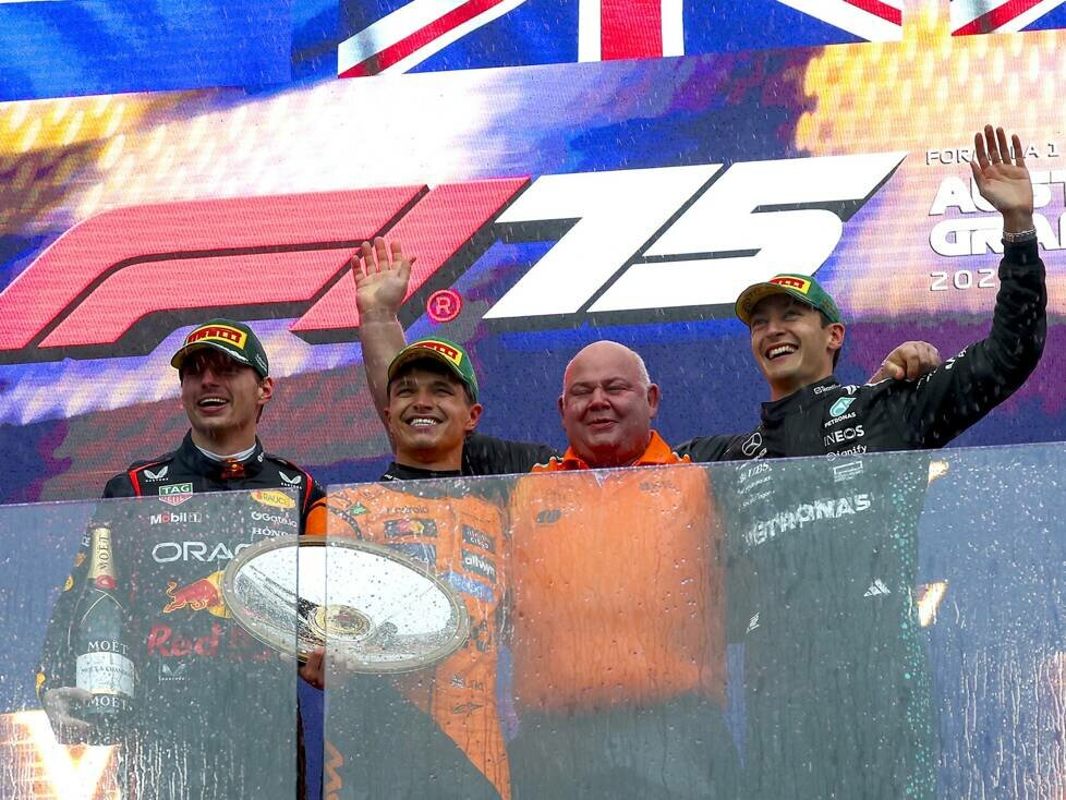 Max Verstappen, Lando Norris, Rob Marshall, George Russell