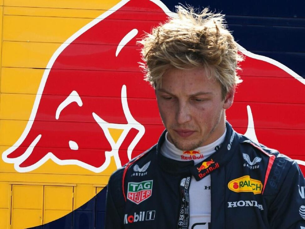 Formel-1-Fahrer Liam Lawson vor einem Red-Bull-Logo (Fotomontage)