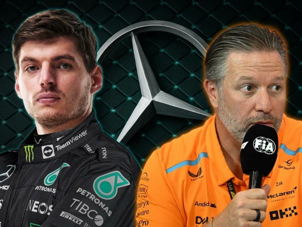 Max Verstappen im Mercedes-Overall, Zak Brown (KI-generierte Fotomontage)
