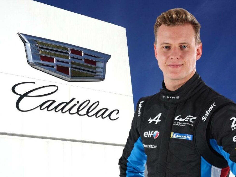 Mick Schumacher posiert vor einem Cadillac-Logo (Fotomontage)