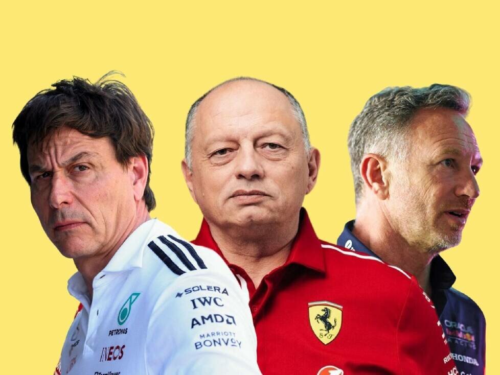 Fotomontage: Die Formel-1-Teamchefs Toto Wolff, Frederic Vasseur und Christian Horner