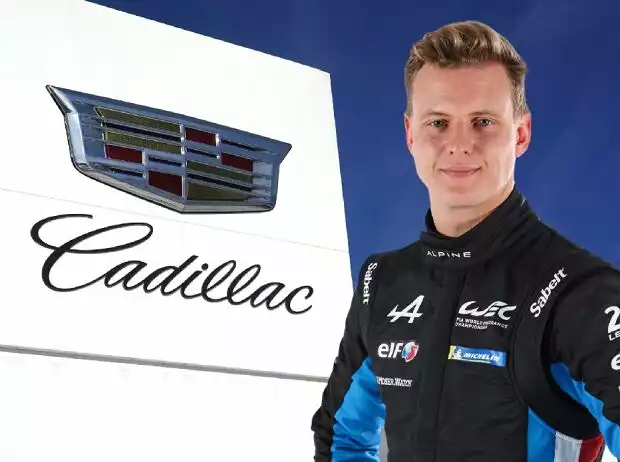Mick Schumacher posiert vor einem Cadillac-Logo (Fotomontage) Titel-Bild zur News: Mick Schumacher posiert vor einem Cadillac-Logo (Fotomontage)