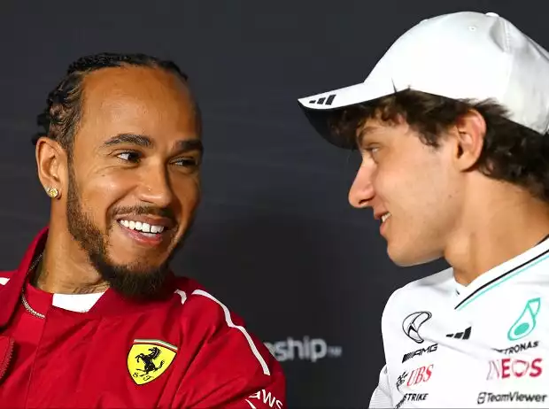Ferrari-Fahrer Lewis Hamilton mit seinem Mercedes-Nachfolger Andrea Kimi Antonelli Titel-Bild zur News: Ferrari-Fahrer Lewis Hamilton mit seinem Mercedes-Nachfolger Andrea Kimi Antonelli