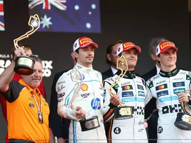 Lando Norris, Charles Leclerc, Oscar Piastri, Zak Brown Titel-Bild zur News: Lando Norris, Charles Leclerc, Oscar Piastri, Zak Brown