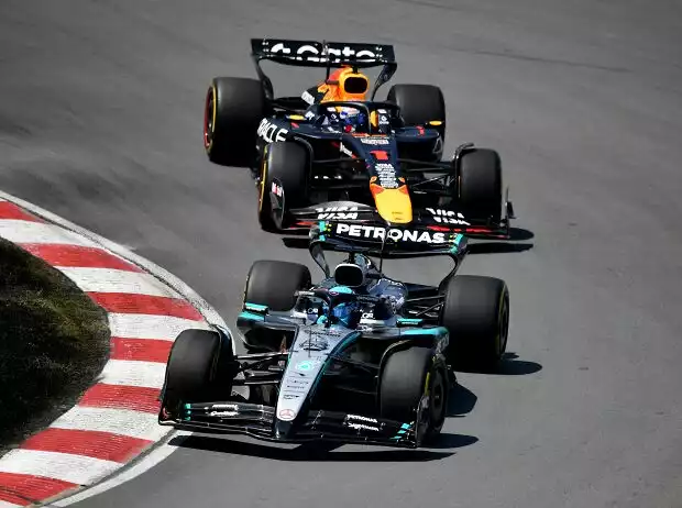 George Russell (Mercedes W16) vor Max Verstappen (Red Bull RB21) beim Formel-1-Rennen in Kanada 2025 Titel-Bild zur News: George Russell (Mercedes W16) vor Max Verstappen (Red Bull RB21) beim Formel-1-Rennen in Kanada 2025