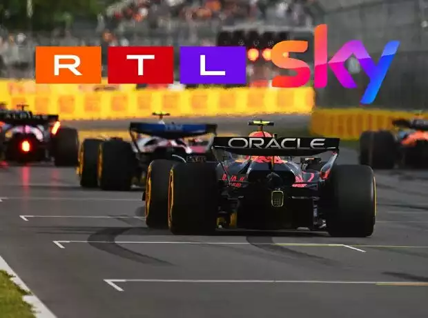 Formel-1-Startszene mit den Logos von RTL und Sky (Fotomontage) Titel-Bild zur News: Formel-1-Startszene mit den Logos von RTL und Sky (Fotomontage)