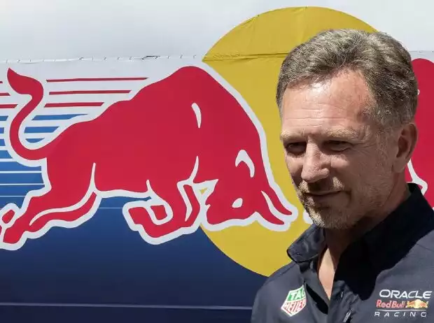 Fotomontage: Christian Horner vor einem Red-Bull-Logo Titel-Bild zur News: Fotomontage: Christian Horner vor einem Red-Bull-Logo