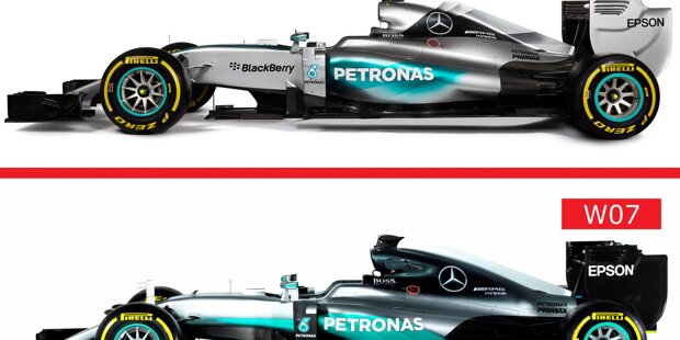 Wir zeigen die 2015er und die 2016er Modelle der Formel-1-Teams im direkten Foto-Vergleich und beginnen mit den Weltmeistern. Mercedes hat mit dem neuen Silberpfeil W07 gegenüber dem W06 kleine Verbesserungen verpasst. Auffällig: Der Lufteinlass der Airbox ist bulliger.
