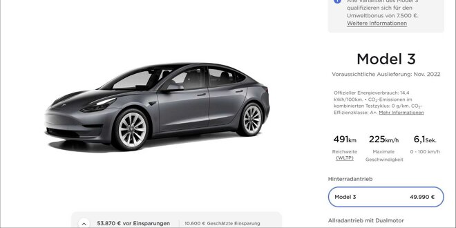 Basisversion des Tesla Model 3 - Plötzlich um 7000 Euro teurer