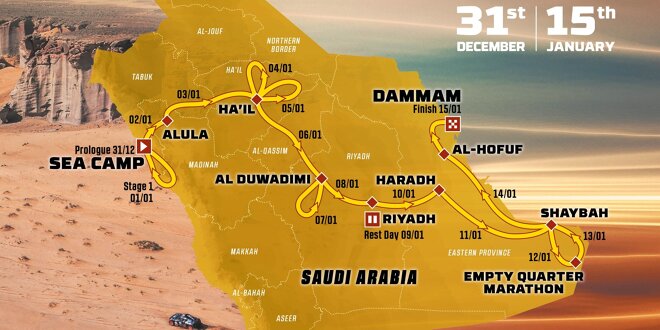 Die Route der Rallye Dakar 2023 in Saudi-Arabien -  Zwei sehr unterschiedliche Wochen